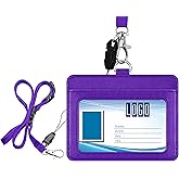Wisdompro 2-Sided PU Leather ID Badge Holder with 1 ID Window and 1 Card Slot and 1 Piece 23 Inch Adjustable Polyester Detachable Neck Lanyard Strap (Holds 3 to 4 Cards) - Purple (Horizontal)