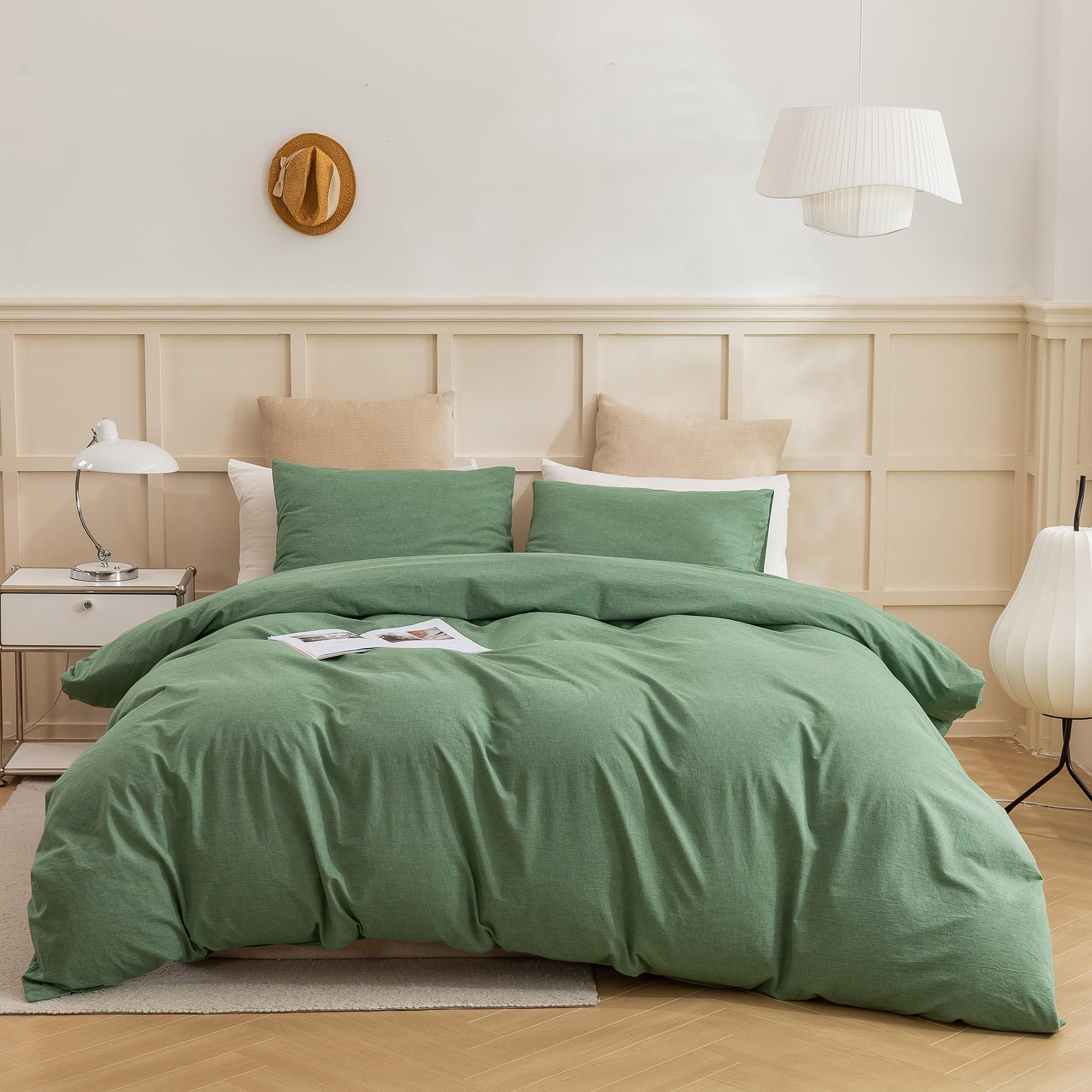 Photo 1 of ECOCOTT 68''x90'' Sage Green Duvet Cover Twin Size - 100% Washed Cotton Durable Soft Comfy Duvet Cover Set, 3 Pieces Duvet Cover with Zipper Closure