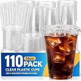 JYTHGPUC 110 Pack 16 oz Disposable Clear Plastic Cups with Lids and Straws | To Go,BPA-Free,Heavy Duty,Leak-Resistant,Iced Coffee,Smoothie,Matcha,Juice,Cold Drink,Party,Office,Bulk
