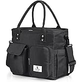 Hafmall Large Insulated Lunch Bag for Women Men, Leakproof Lunch Box for Adults, Wide Opening Lunch Tote Bag with Shoulder Strap, Reusable Lunch Cooler Bag for Work, Picnic, Black