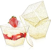 Qeirudu 3.5 oz Mini Gold Glitter Dessert Cups with Spoons - 50 Pack Gold Plastic Dessert Cups Small Parfait Shooter Cups for Party Appetizers Banana Pudding Jello