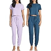 Real Essentials 2 Pack: Women's Ribbed Knit Lounge Sets – Short Sleeve Top with Jogger Sweatpants