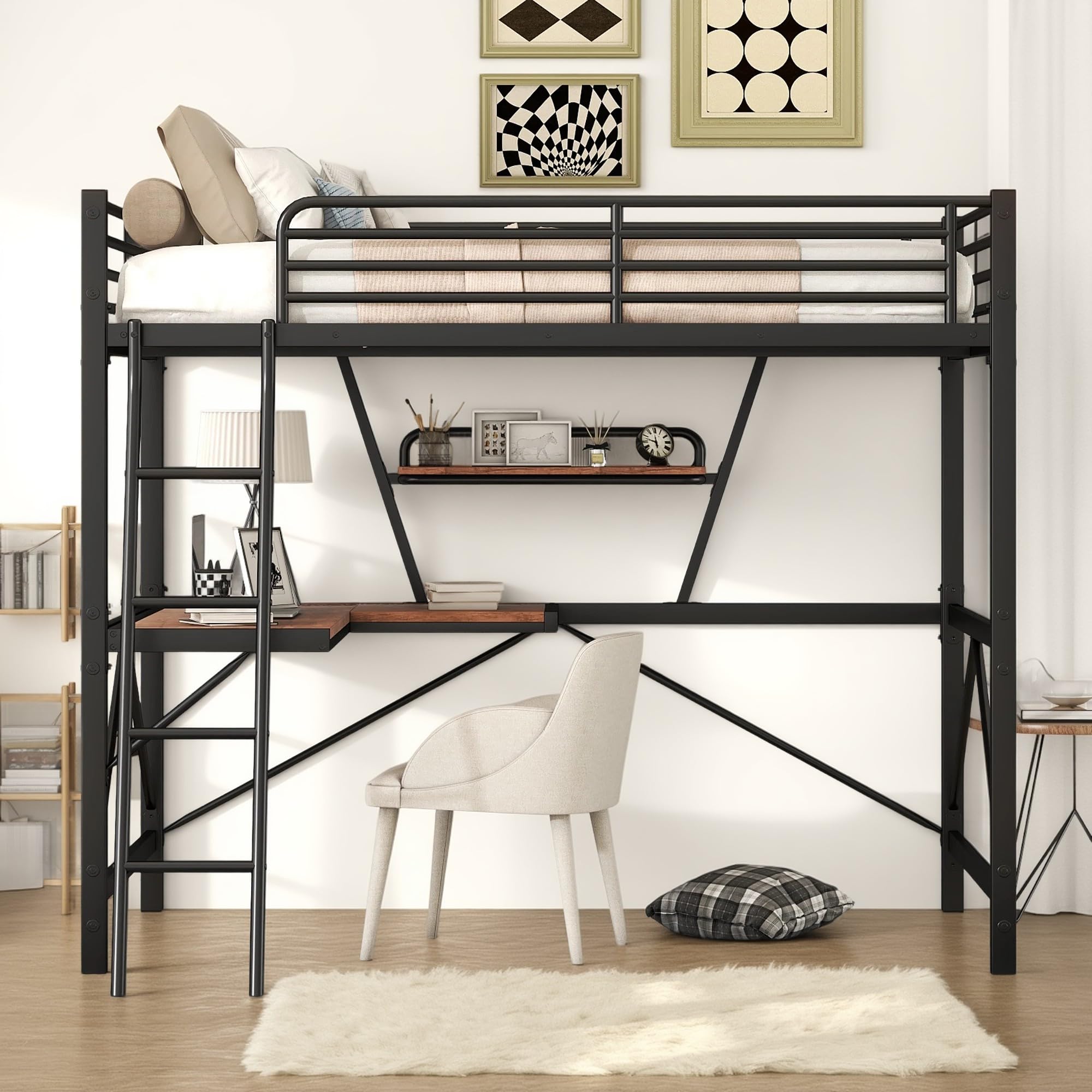 Photo 1 of LINKHOO Full Size Loft Bed with L-Shaped Desk & Storage Shelves, Heavy Duty Metal Bedframe w/Guardrails and Ladder, Space Saving loftBed for Kids Teens Adults, No Box Spring Needed, Black
BOX 1/2