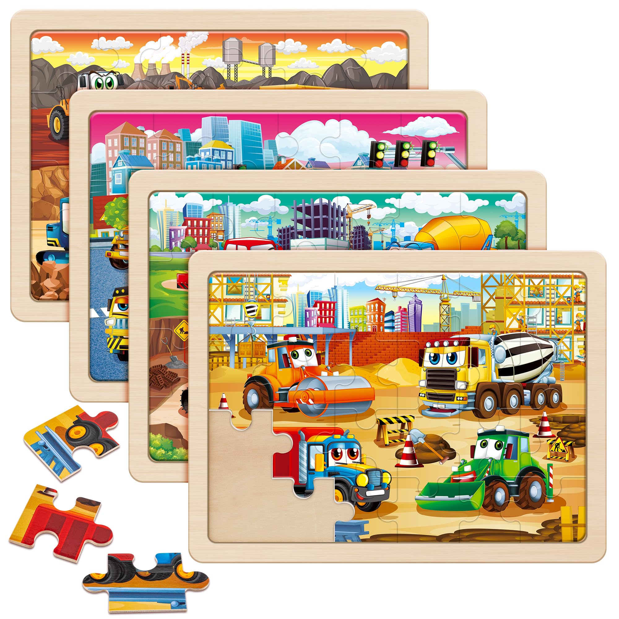 Photo 1 of SYNARRY Large Wooden Construction Vehicle Puzzles for Toddlers 3-5, 24 Piece Monster Truck Puzzles for Kids Ages 4-6, Construction Toys for 3 4 Year Old, Kids Toys Gifts for 3 4 5 Year Old Boys Girls