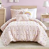 Intelligent Design Kids Twin Cotton Jacquard Weave Colorful Pom Pom Kids Comforter Sets, Down Alternative Shabby Chic All Season Girls Bedding, Bedroom Decor, Callie, Twin/Twin XL Pink 4 Piece