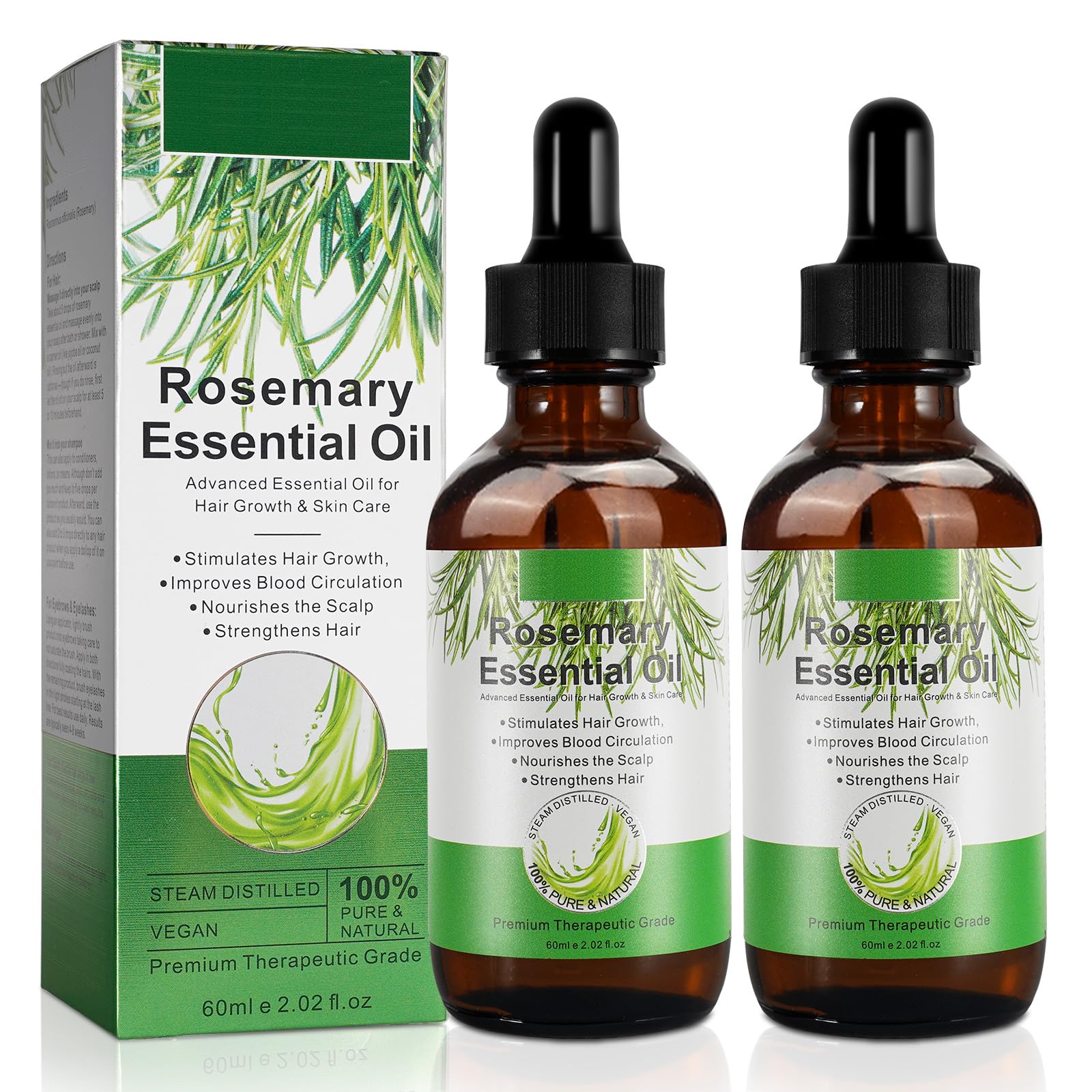 VXHDAG Rosemary Oil for Hair Growth & Skin Care - 100% Pure Rosemary Essential Oil for Eyebrow and Eyelash, Nourishes The Scalp, Stimulates Hair Growth for Men Women (2 Pack 2x60ML)