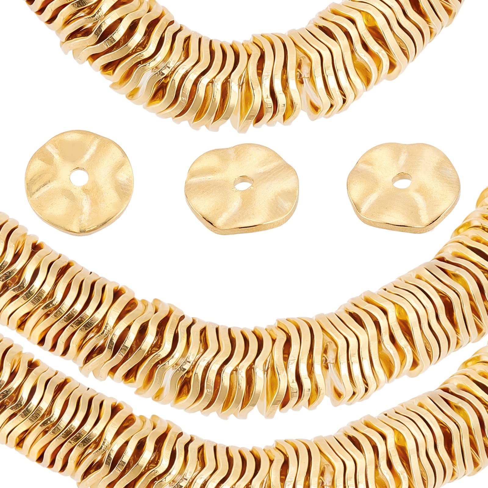 PH PandaHall 18K Gold Plated Spacer Beads, 50pcs Flat Round Loose Beads Brass Wavy Disc Beads for DIY Bracelets Necklaces Earrings Jewellery Making Craft Making, 8mm in Diameter