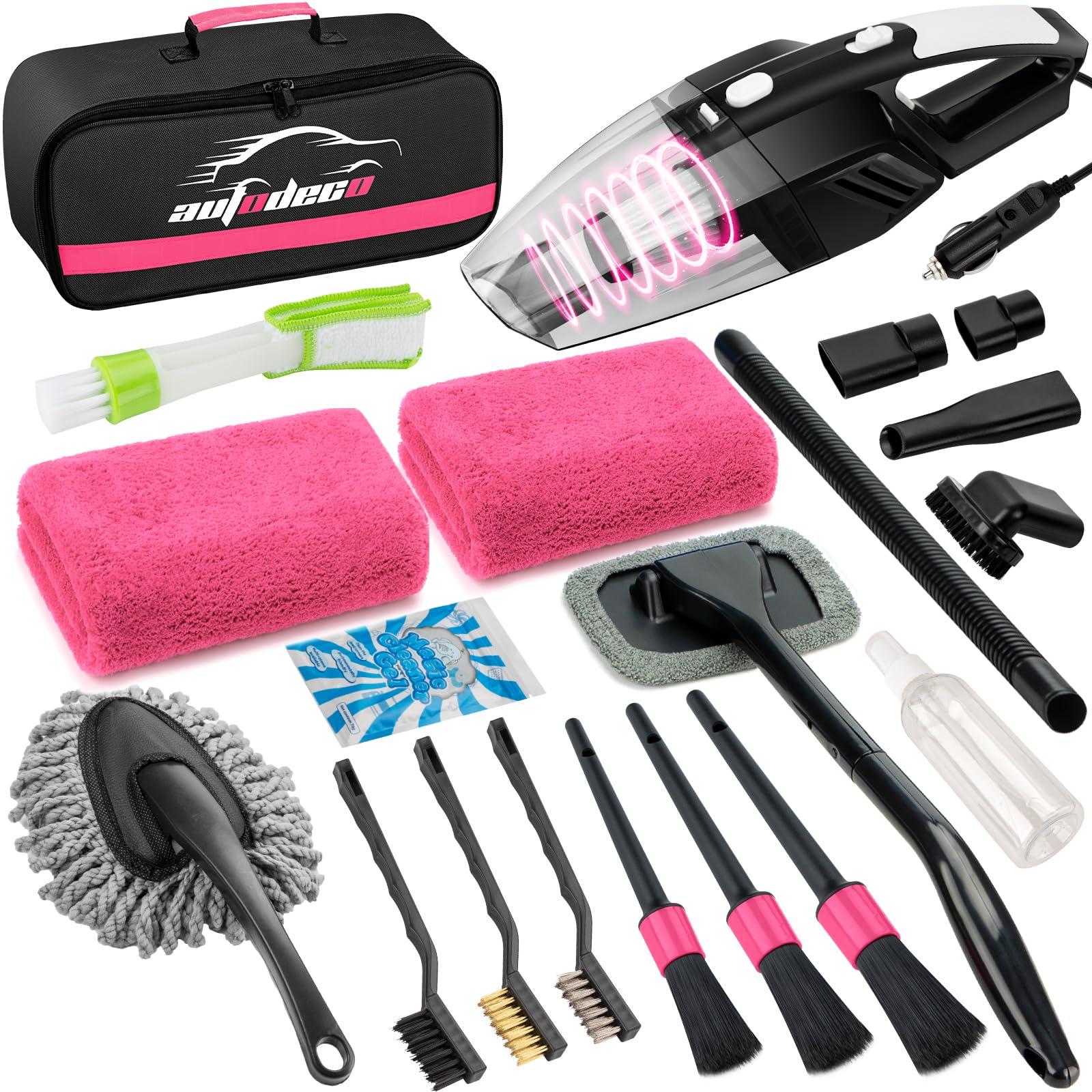 Photo 1 of AUTODECO 20Pcs Car Cleaning Wash Kit Interior Detailing Cleaner Kit with High Power Handheld Vacuum, Brush Set, Windshield Tool, Duster, Towels, Complete Car Care Tools, Pink