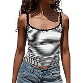 BAIGRAM Women Y2K Going Out Striped Camisole Tops Lace Patchwork Scoop Neck Spaghetti Strap Crop Tank Tops Cute Coquette