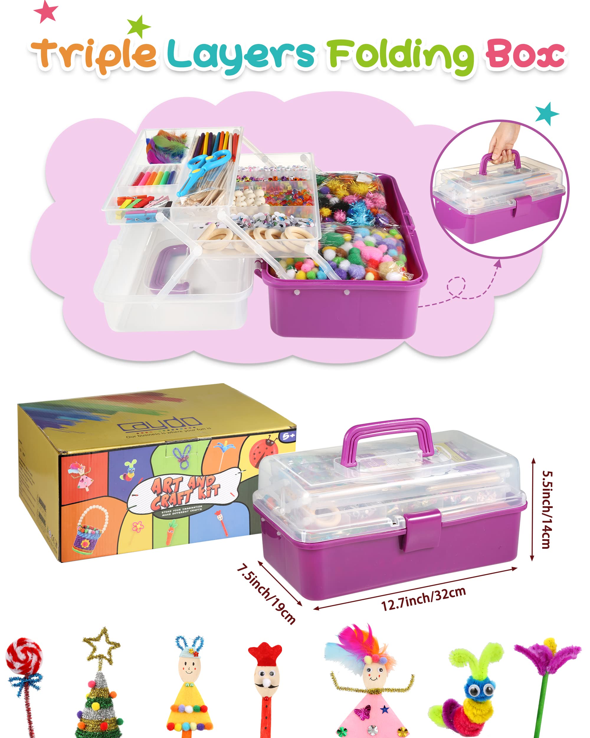 Caydo 3000 Pcs Kids Art and Crafts Supplies, Toddler DIY Craft Art Supplies Set Include Pipe Cleaners, Pom Poms, Portable 3 Layered Folding Storage Box Great Gift for Kids