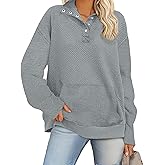 Anbech Women Loose Sweatshirt Lightweight Textured Long Sleeve Pullover Tops Henley Button V Neck Casual Sweatshirts