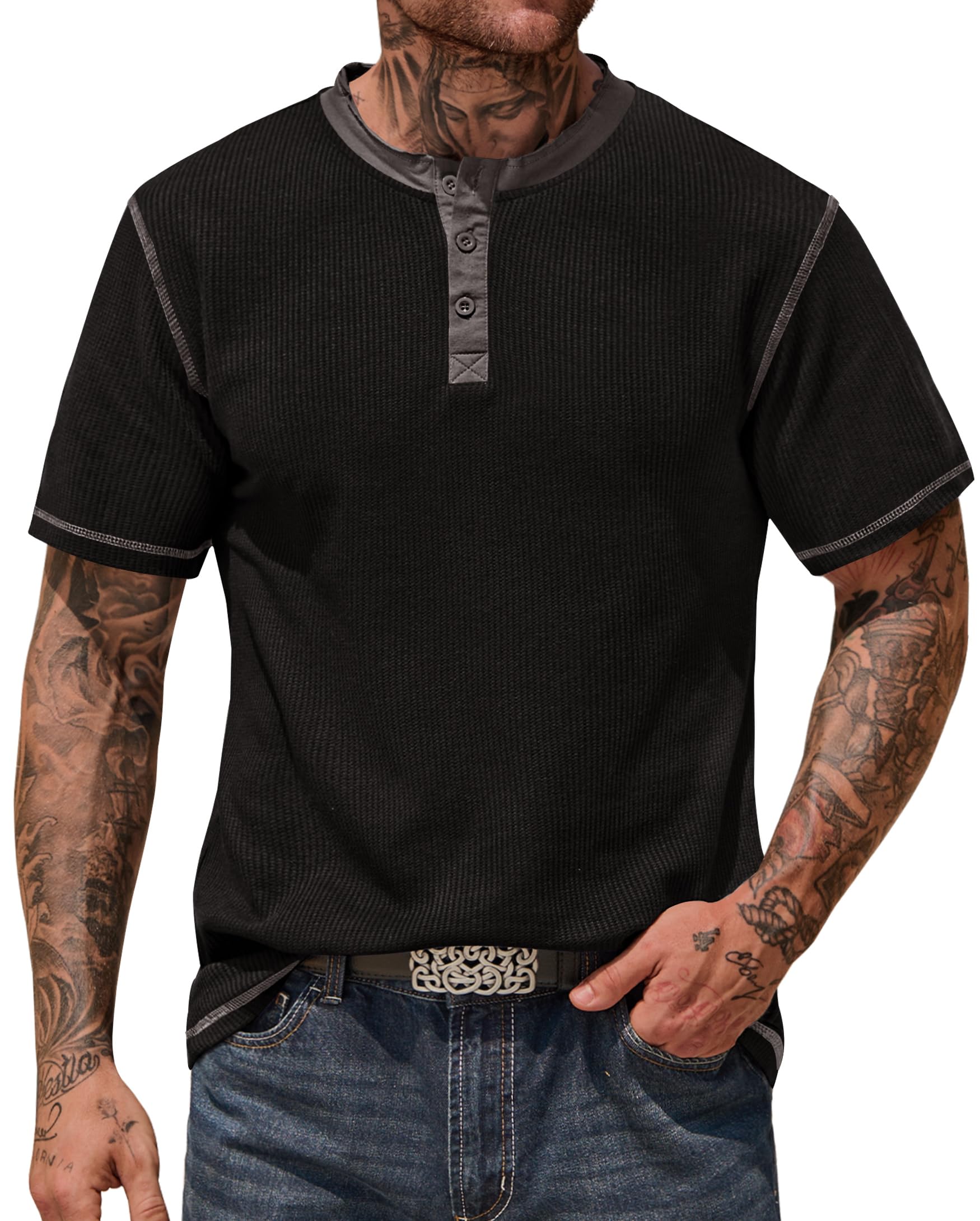 VOGSTART Men 2025 Shirt Button Tee Shirt Waffle Henley Muscle Stretch Cotton Casual T-Shirt Black S