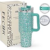 FECBK 40 oz Tumbler with Handle and Straw, 100% Leak-Proof Travel Mug, Stainless Steel Double Wall Vacuum Insulated Coffee Cup Keeps Cold For 34 Hours, Dishwasher Safe, Green Leopard
