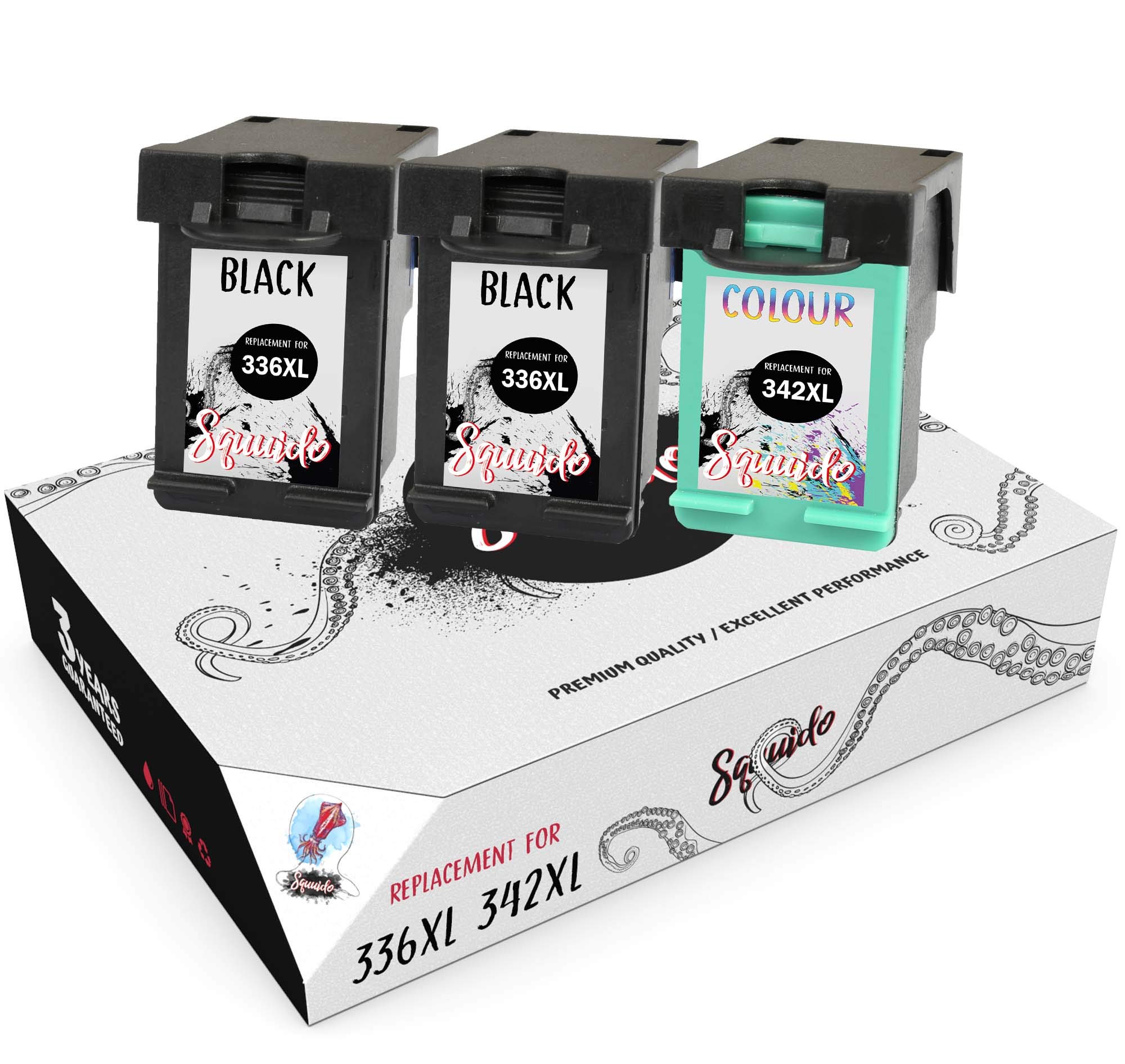 Squuido 3 Remanufactured Ink Cartridges 336 342 compatible with HP PSC 1315 1510 Photosmart C3180 C4180 OfficeJet 6310 DeskJet 5440 | High Capacity