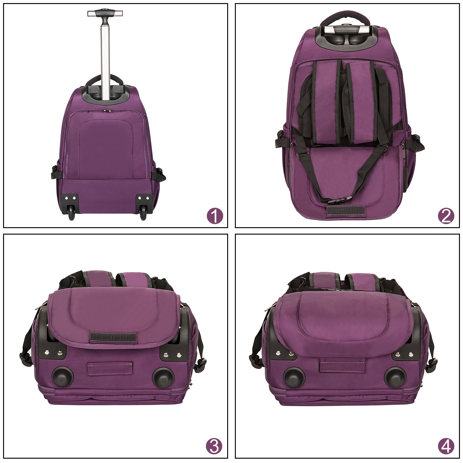 19 inches Large Storage Multifunction Waterproof Travel Wheeled Rolling Backpack by HollyHOME, Purple