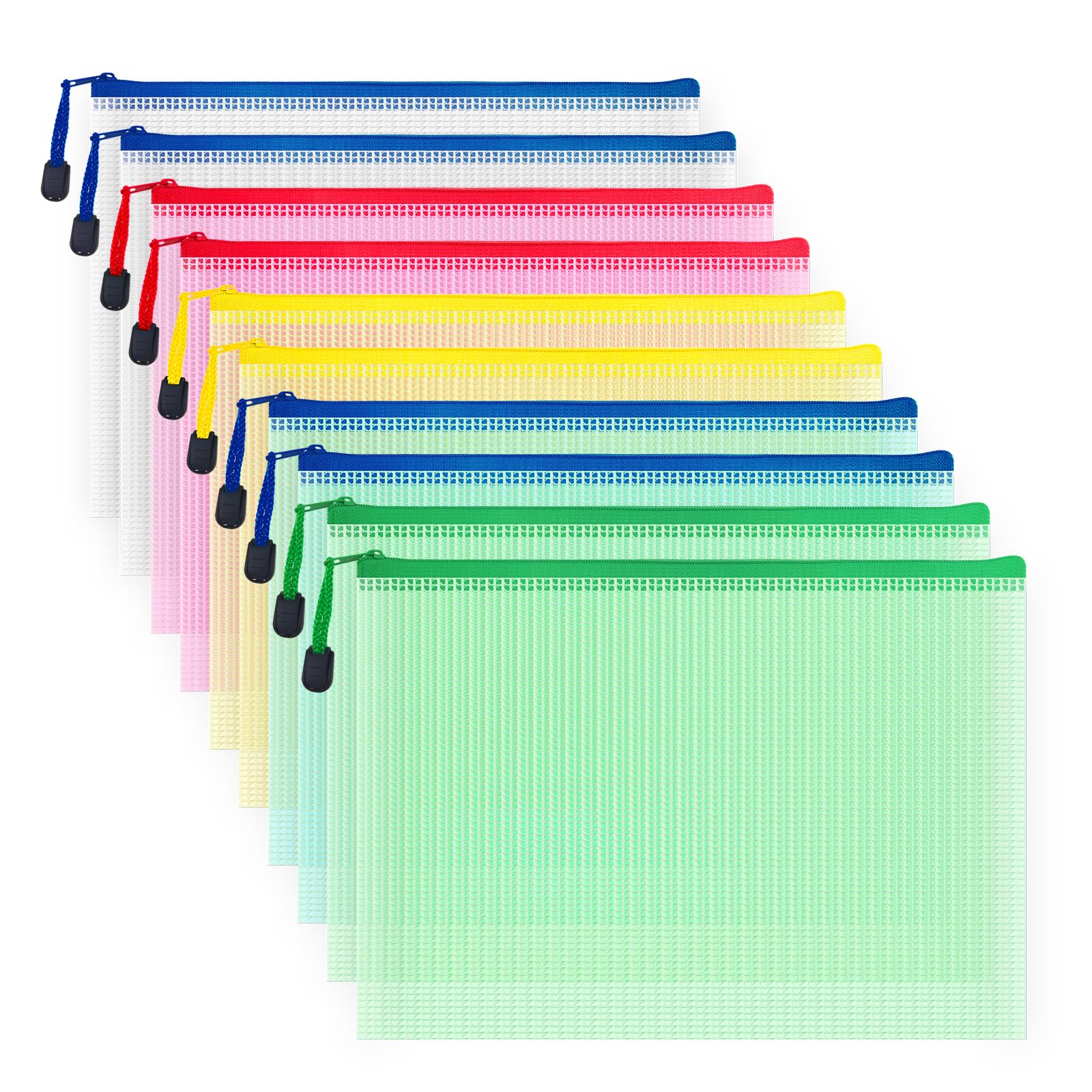 COWORK-UP 10PCS B5 Plastic Wallets 11.4" x 8.2" Zip Bag Mesh Pouches for Art & Crafts, Cross Stich Storage, B5 Zipper File Bags Office Travel Organiser