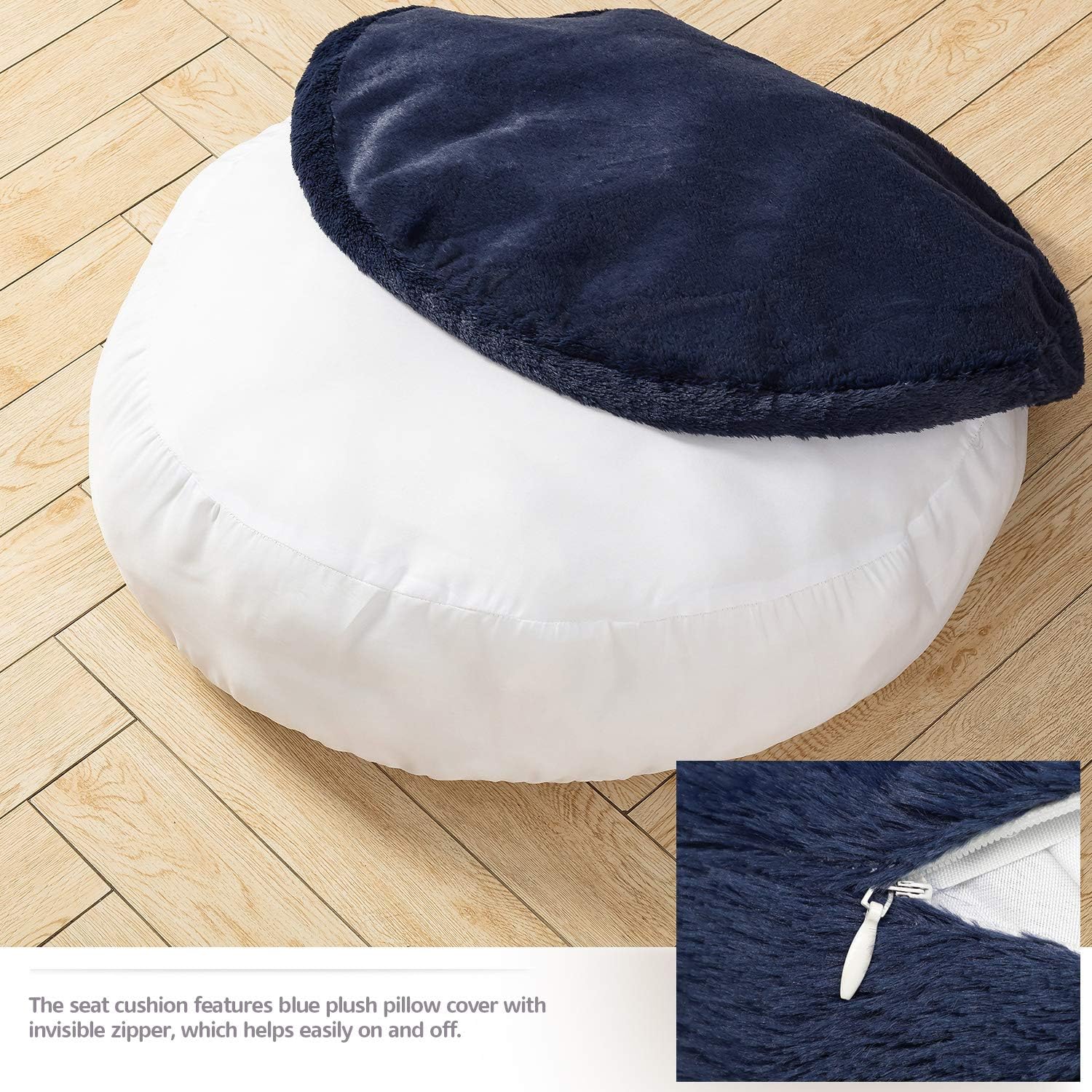 HIGOGOGO Thick Round Floor Pillow, Long Faux Fur Floor Cushion with Removable Cover Thickness: 8" Soft Fluffy Meditation Cushion Thick Round Pouf Seating for Living Room Bedroom Sofa, Navy, 24"x24": Kitchen & Dining