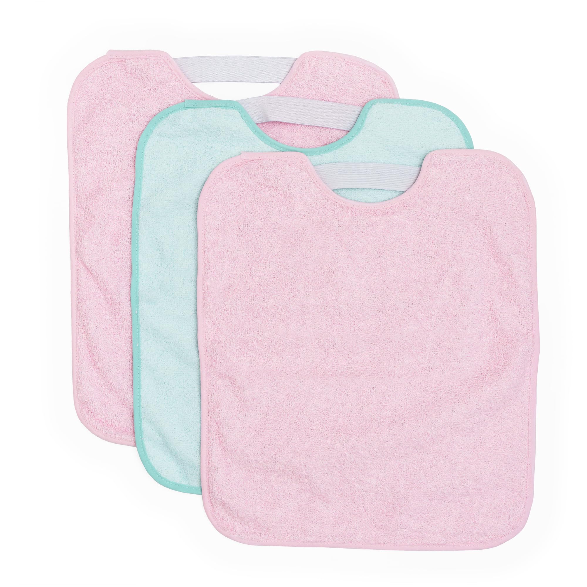 Ti TIN Pack of 3 waterproof terry cloth baby bibs, 32 x 36 cm, bib for babies and toddlers from 1 year with elastic closure (elastic), easy to clean, cotton, colour: pink, turquoise, pink, 18-24 Months