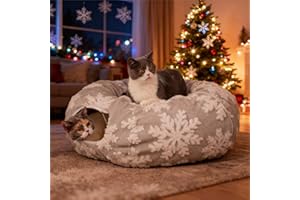 WALNEST Cat Tunnel with Bed – Soft Plush Peekaboo Donut Cave for Indoor Cats | Under Christmas Tree Hideaway & Multifunctional Playground Toy for Kittens, Rabbits, Ferrets (Short-Pile Fabric Snowflake)