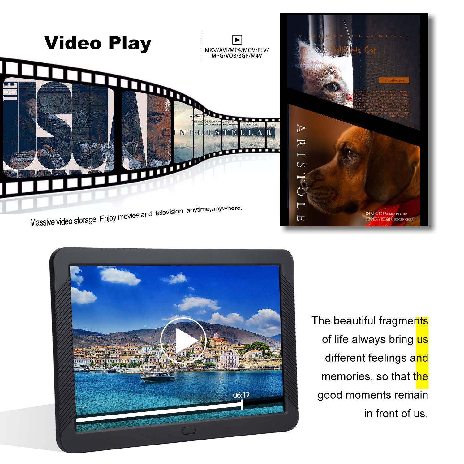 Digital Frame 8 Inch 1280 x 720 High Resolution Digital Picture Frame CofunKool 16:9 IPS Display Photos, Musics, Videos Digital Album Calendar Alarm Auto On/Off Timer