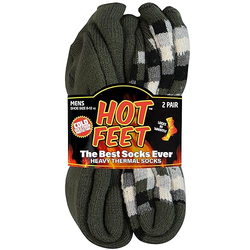 HOT FEET Thermal Socks for Men, Extreme Cold Weather, 2/4 Pack Thick Warm Socks for Men, Winter Insulated Socks, Size 6-12.5, 2 Pack, Gingham-Solid Black