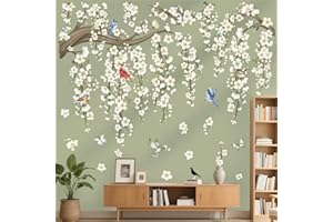 wondever Large Hanging Flower Vine Wall Stickers White Cherry Blossom Tree Branch Peel and Stick Wall Art Decals for Living R