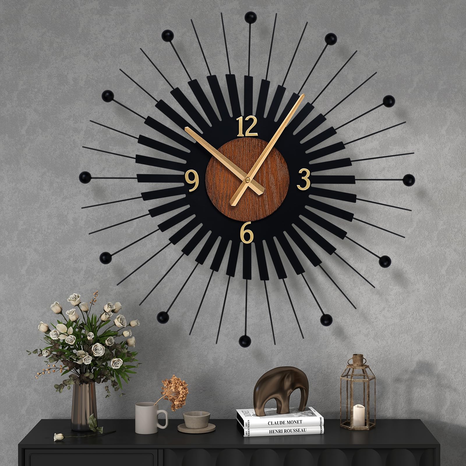 Photo 1 of 22 Inch Modern Sunburst Wall Clock Battery Operated, Black Metal Radiating Design with Walnut Wood Center, Silent Quartz Movement, Gold Hands – Decorative Clocks for Living Room, Office, Bedroom
