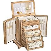 Jewelry Box for Women，Wooden Jewelry Box with 4 Clear Drawers Rustic Brown | Large Jewelry Organizer &amp; Storage for Necklaces, Rings, Bracelets, Earrings, Watches,Gift Idea