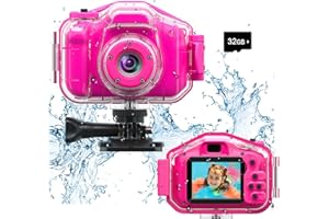 Agoigo Kids Waterproof Camera - Children Underwater HD Video Digital Camcorder, Portable Travel Toy for Toddler - Ideal Christmas Birthday Gifts for Boys Girls Age 3-12 with 32GB Card (Rose Red)