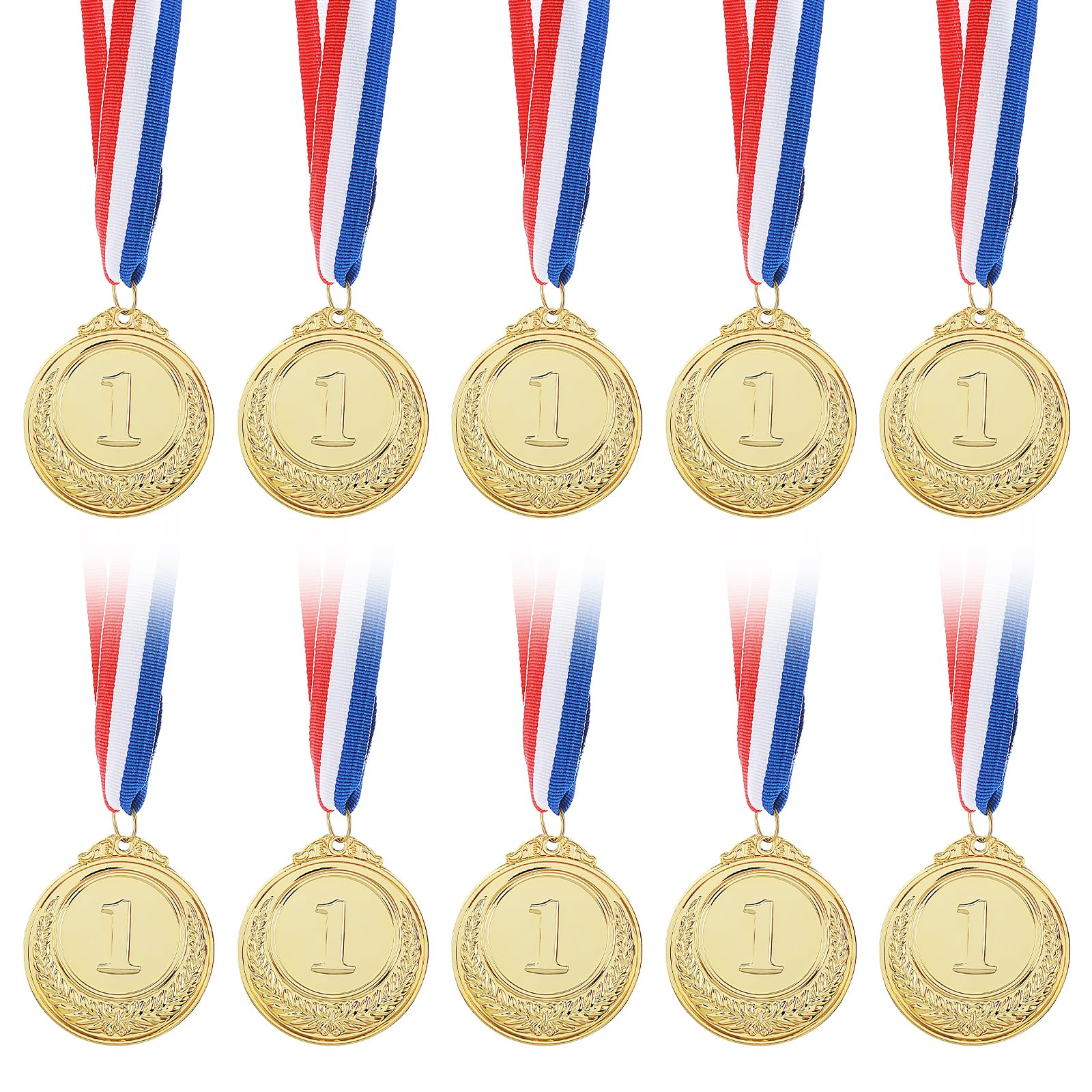 Grevosea 10 Pieces Gold Award Medals, 1st Place Winner Medals for All Ages Winner Medal Gold Prizes with 15.5 Inch Red White and Blue Ribbon for Sports Competitions Party Spelling Bees 2 Inches