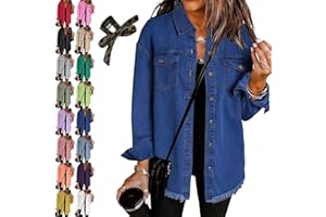 Women's Oversized Denim Jacket Button Down Frayed Hem Distressed Shacket Spring Fall Long Sleeve Shirts with Pockets