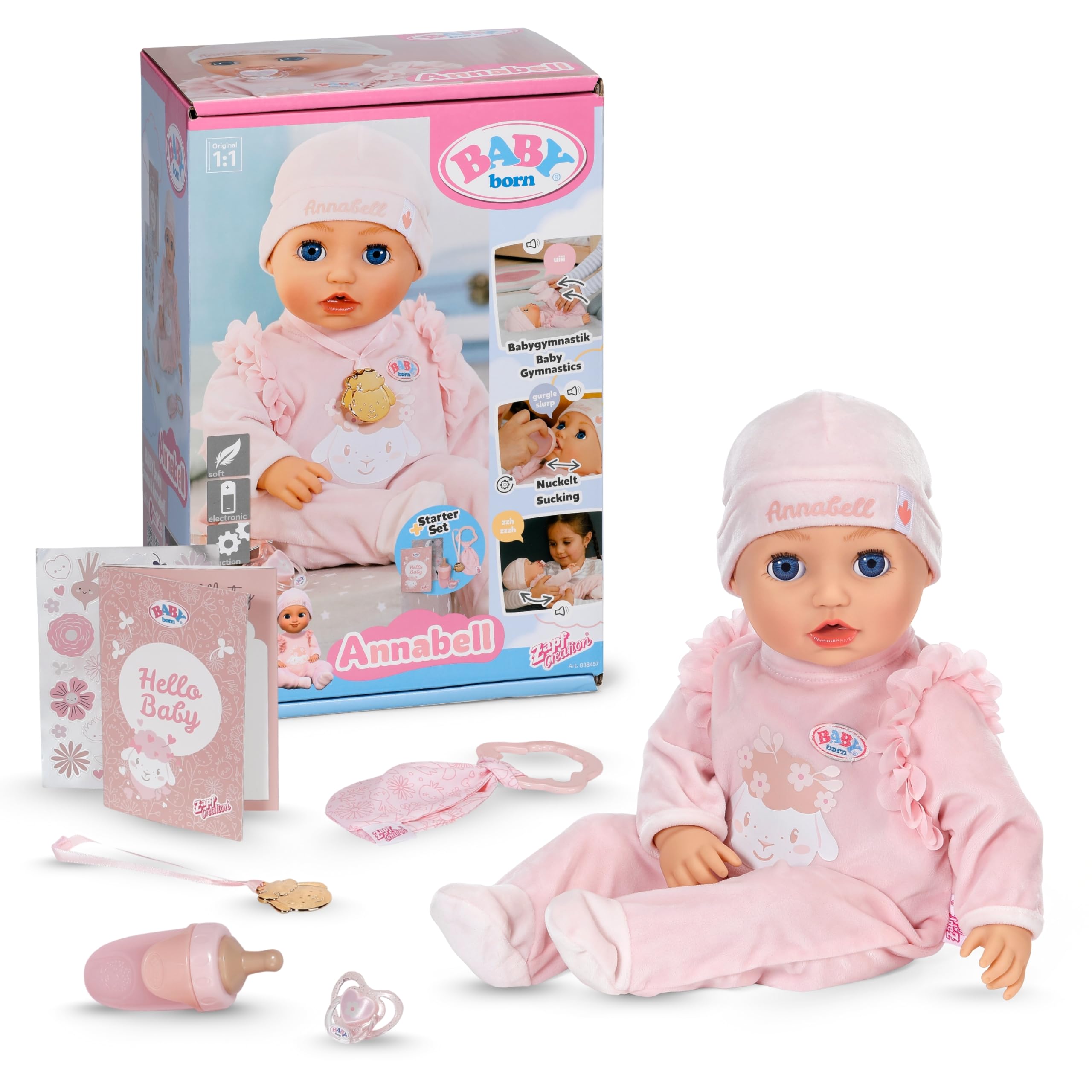 BABY Born Annabell 43 cm - Weiche Babypuppe mit 7 elektronischen Funktionen & Sound - Geeignet für Kinder ab 3 Jahren - Puppe inkl. Zubehör - Benötigt Batterien