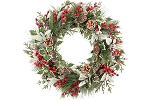 wwmira 24 Inch Elegant Christmas Wreath, Refined Wreath with Lamb's Ear, Holly, Pine Cones & Red Berries on Grapevine Base, S