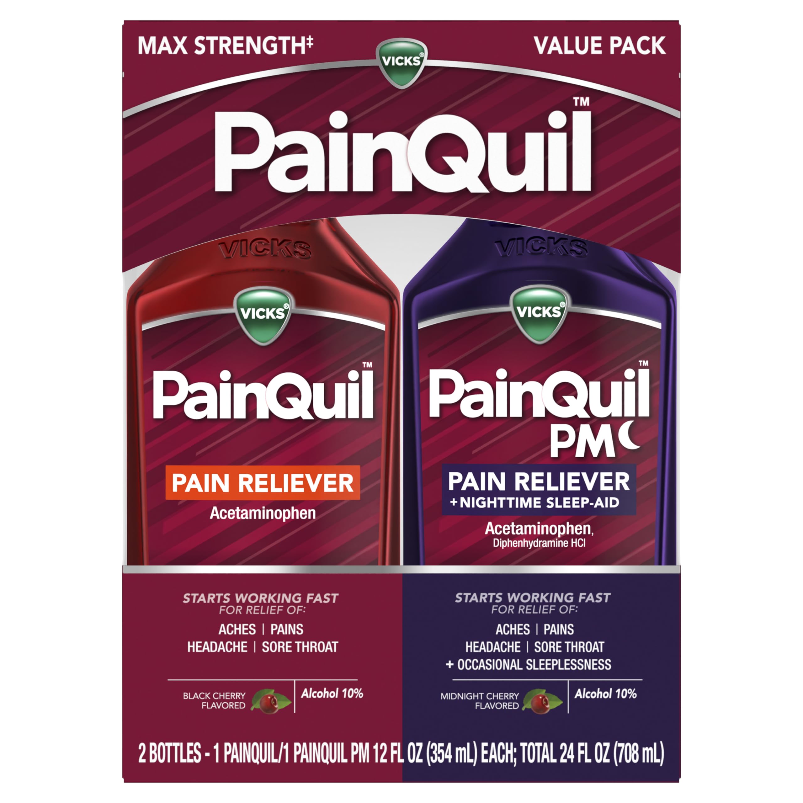 Vicks PainQuil & PainQuil PM Pain Relief Liquid, 1000mg Acetaminophen, 2x12 oz