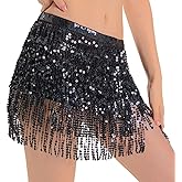 Phantomon Sequin Skirt for Women with Sparkly Fringe Belly Dance Performance Mini Skirt Tassel Hip Scarf Rave Costume