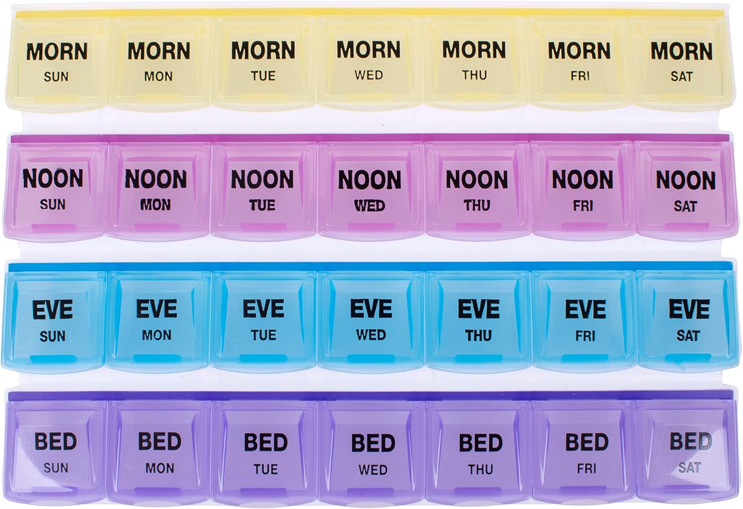 Apex 7-day Mediplanner Pill Organizer, Weekly Pill Organizer, 4 Times a Day Color-Coded, Easy-Open, See-Through Lids, Organize Medication or Vitamins by AM, PM, Evening and Bedtime: Complete Medical: Health & Personal Care