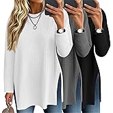 Baggyfly 3 Pack Women's Waffle Knit Long Sleeve Tops Oversized Crewneck Loose T Shirts Fall Winter Casual Basic Blouses(Black, Gray, White,Medium)