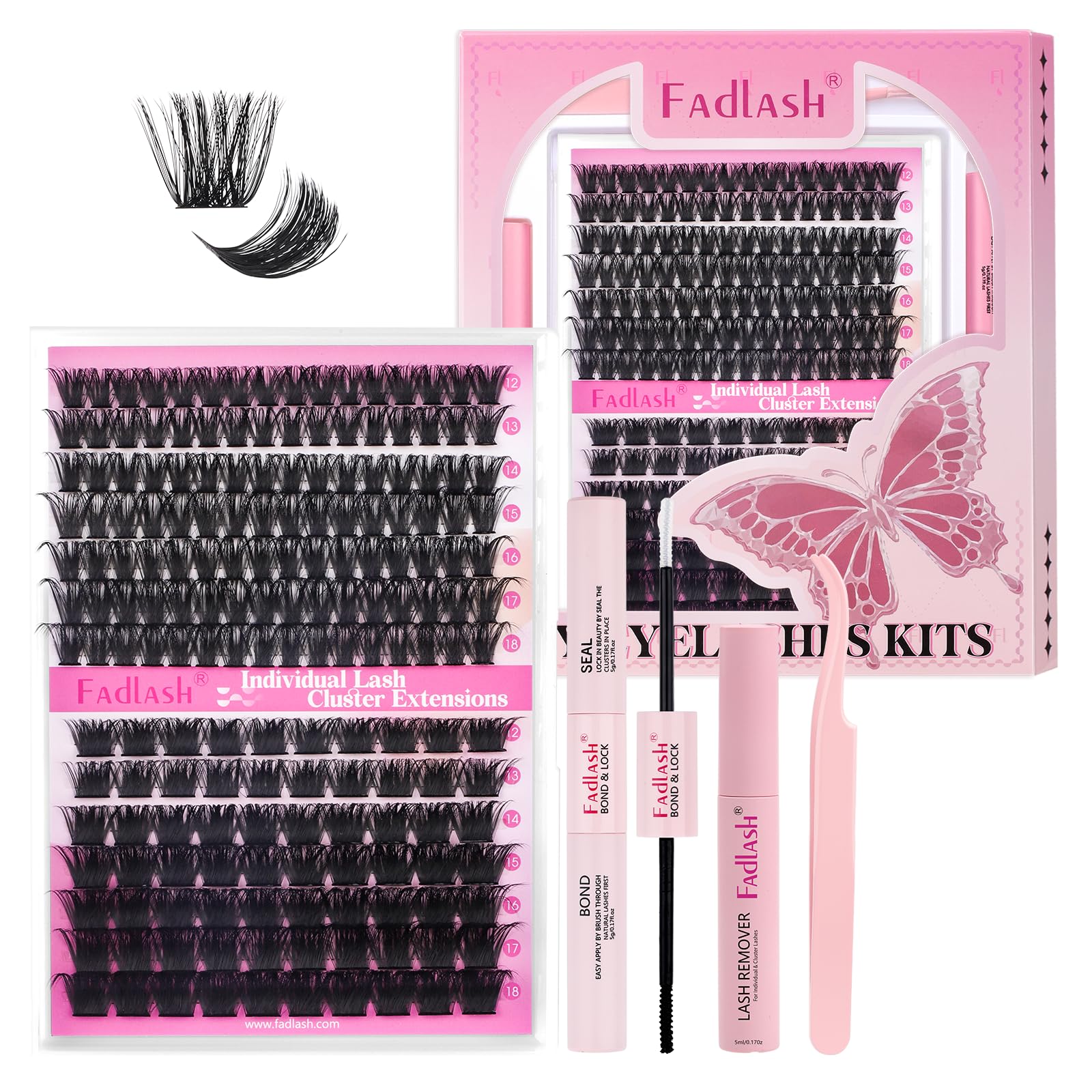FADLASH 100D+200D 0.07mm D Curl 12-18mm with Bond and Seal, Remover and Tweezers Fluffy Wispy Cluster Lashes DIY Eyelash Extensions — image 1