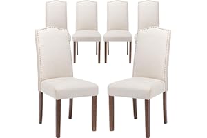 Snugway Stylish Upholstered Parsons Nailhead Trim and Sturdy Solid Wood Legs Dining Chairs, Set of 6, Cream