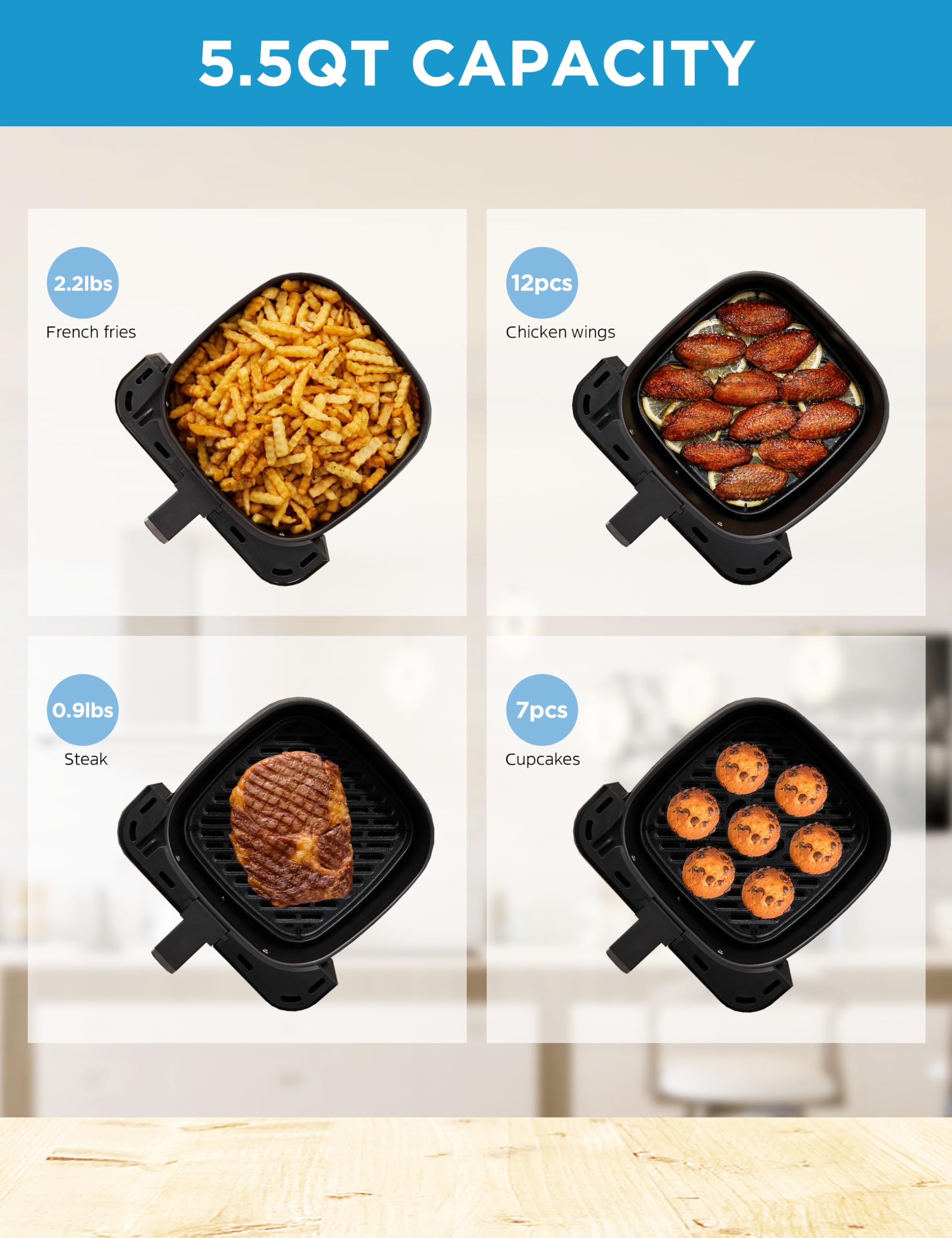 Freidora de aire Midea de 5,5 cuartos con ventana transparente, tecnología Heatexpress Rapid Air y 9 menús preestablecidos para comidas rápidas y fáciles