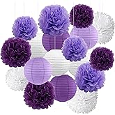 BEISHIDA Purple White Tissue Hanging Paper Flowers Lanterns Party Decorations Set for Birthday Graduation Baby Shower Bridal Bachelorette Wedding Photo Booth Backdrops Party Supplies(18 Packs)