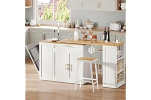 YITAHOME 90 inch Kitchen Island with Seating for 2-4, Rolling Island with Trash Can Cabinet & Power Outlet, Extendable Dining Table with 2 Chairs, 3-Tier Spice Rack, L-Shaped Kitchen Cart (White)
