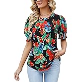 Ezcosplay Womens Hawaiian Shirt Puff Short Sleeve Tropical Print Outfits Casual Pleated Tops Summer Floral T-Shirt