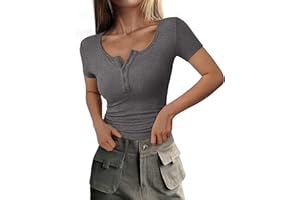 PRETTYGARDEN Women's 2026 Fall Summer Short Sleeve Tops Ribbed Henley Button Slim Fit Basic Casual T Shirts Blouse Clothing