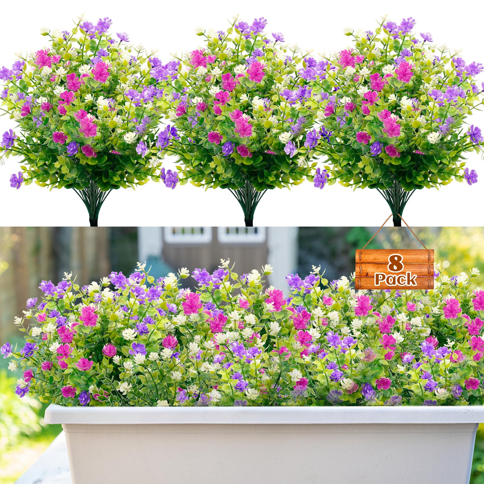 Garlag 8 Bundles Artificial Fake Flowers, 3 Colors Outdoor Faux Plastic Bouquet Shrubs Plants for Indoors Outdoor Hanging Basket Garden Window Box Wedding Party Decoration (Purple Fuchsia White)