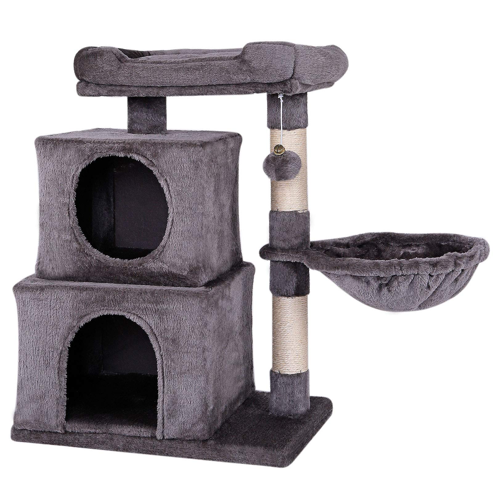 lionto Cat Scratching Post with Plush Ball Including Bell and Lounger Height 70 cm Cat Tree with Sisal & Plush, Cosy Lying Surface and Caves, Suitable for Small and Large Cats, Dark Grey