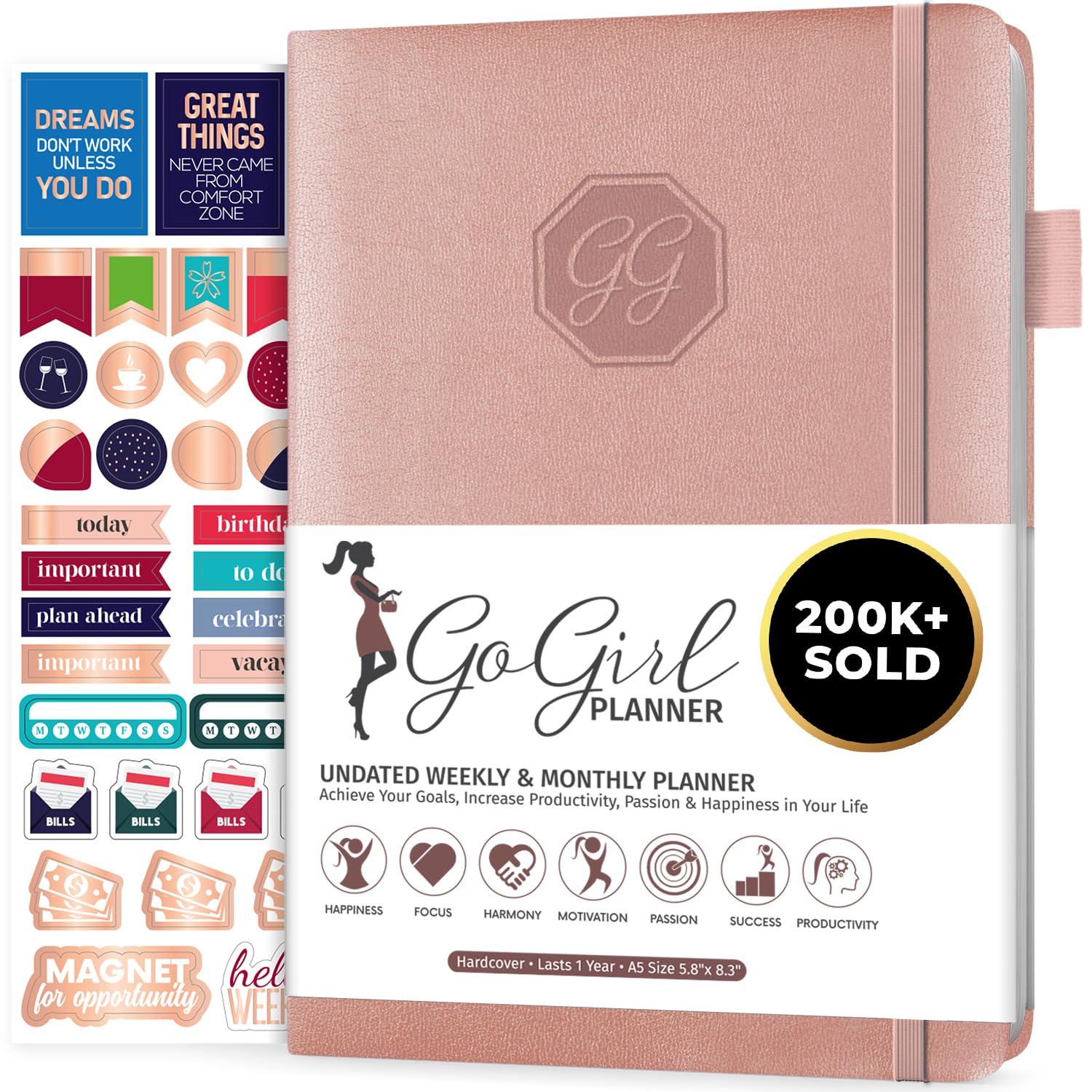 GoGirl Planner and Organizer for Women Compact Size Weekly Planner, Goals Journal & Agenda to Improve Time Management, Productivity & Live Happier. Undated Start Anytime, Lasts 1 Year Rose Gold