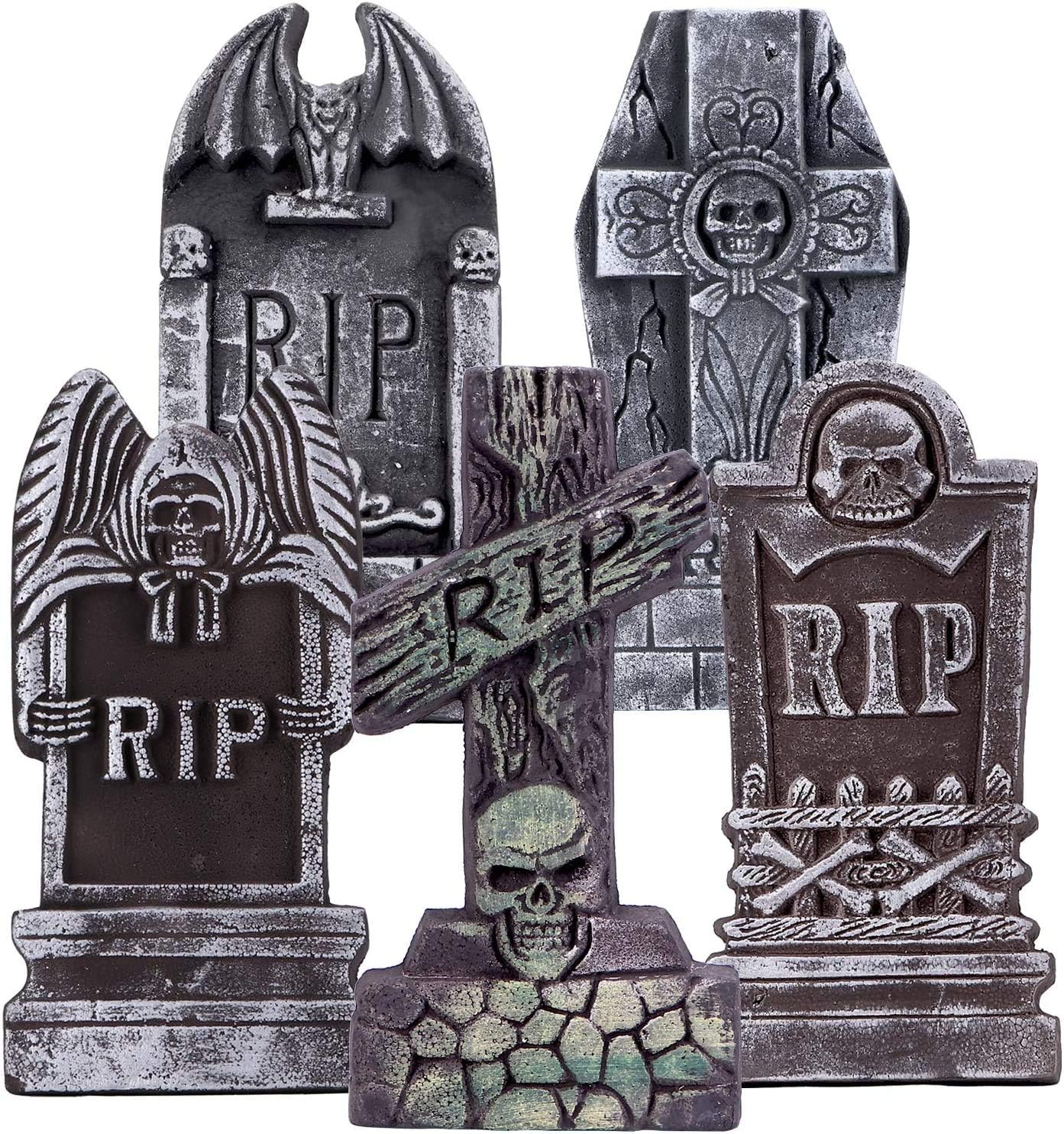 Decorative Garden Stakes - AYOGU 17” Halloween Foam RIP Graveyard Tombstones, 5 Pack Tombstone with 10 Metal Stakes for Halloween Decorations