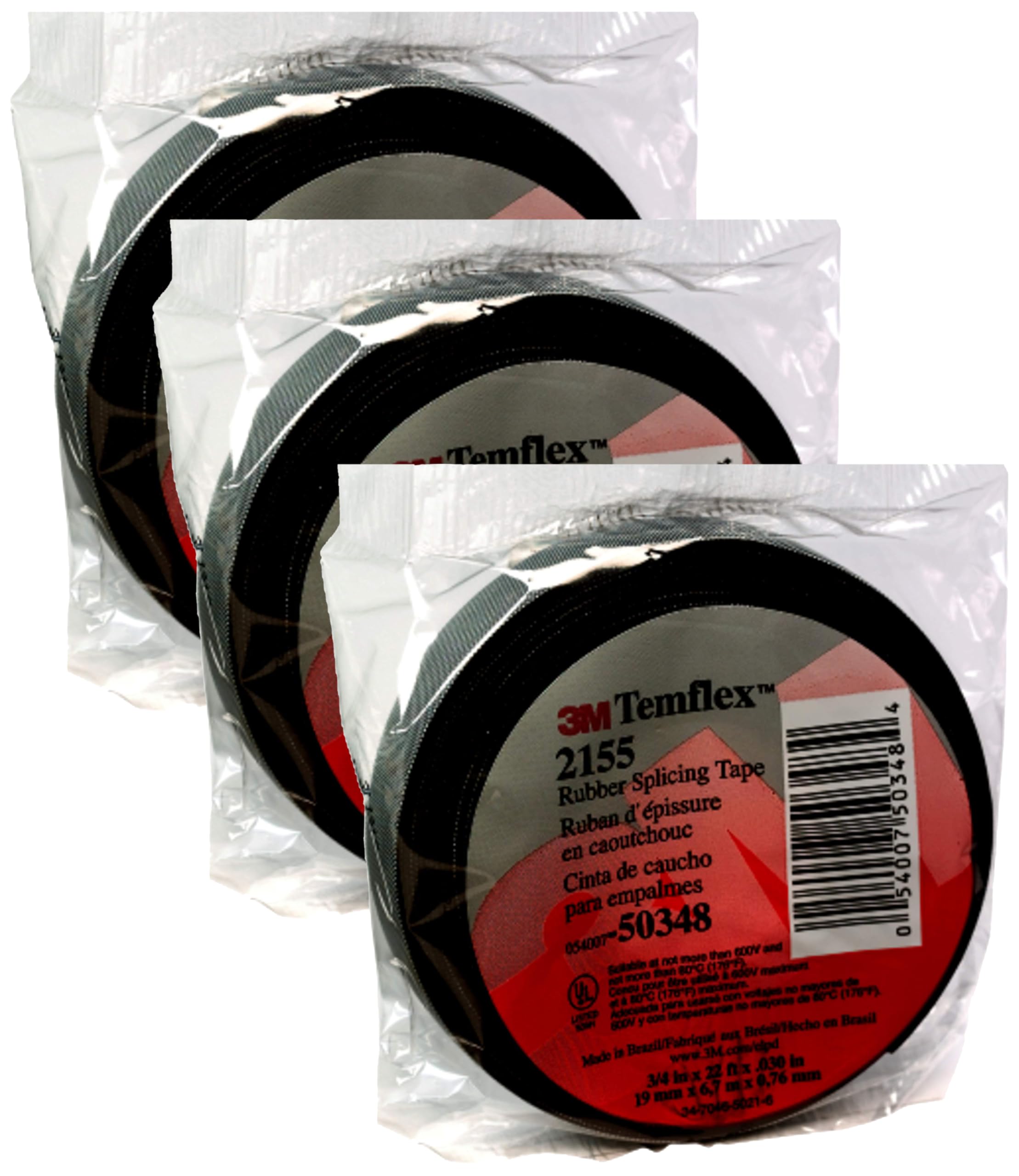 3M Temflex Rubber Splicing Tape 2155, 3/4 in x 22 ft, Black, General Purpose Self-Fusing Electrical Insulating Tape, 1 Roll (Pack of 3)