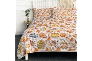 BlessLiving Leaves Colorful Pumpkin Design Quilt Set 3 Pieces Suilt for All Seasons Bedding Quilt Bed Set with 2 Pillowcases for Kids Teens Bedroom Decor Festival Gifts King Size